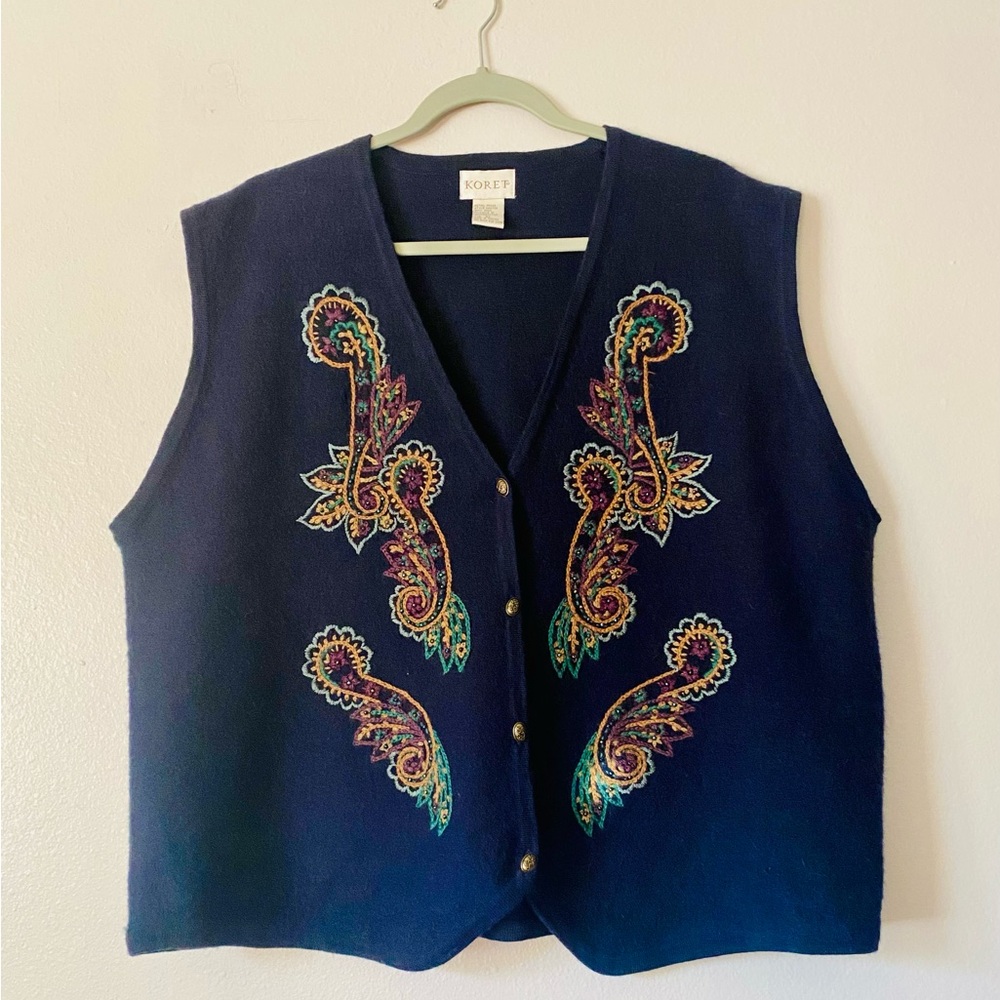 Vintage Koret Women’s Pure Wool  Navy Blue Embroidered Sweater Vest XL